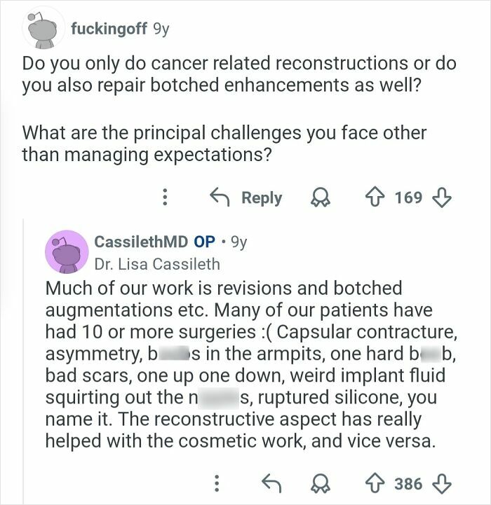 Reddit Q&A with plastic surgeon discussing challenges in revisions and botched cosmetic work and surgeries.