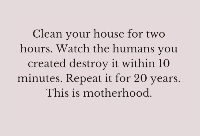 Text meme about motherhood describing cleaning for hours only to have kids destroy the house, illustrating parenting chaos and love.