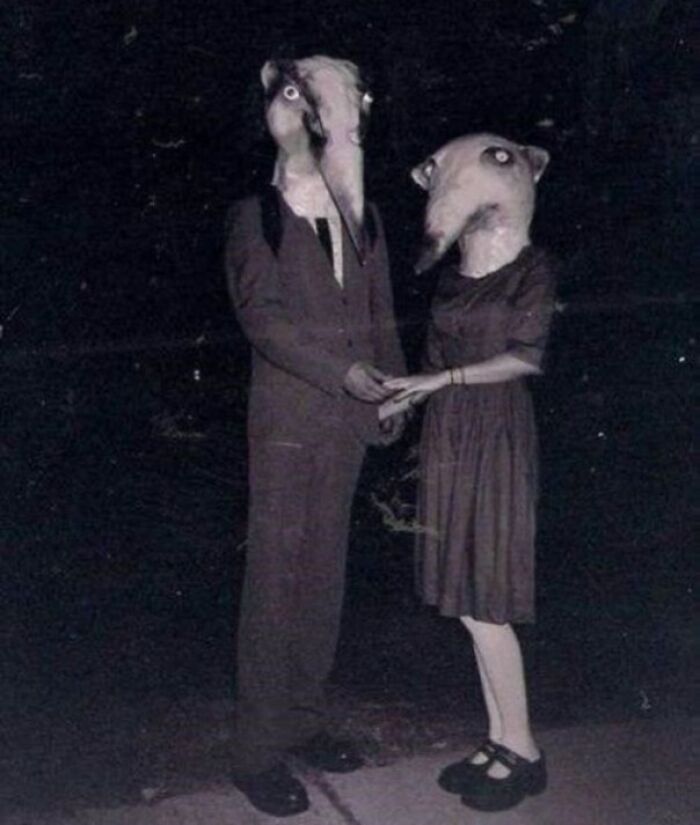 Vintage Halloween costumes featuring two people in eerie animal head masks, showcasing terrifying and impressive costume design.