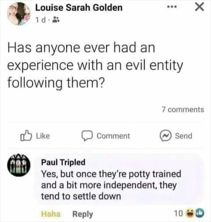Parenting meme showing a funny exchange about children being like evil entities before they become independent.