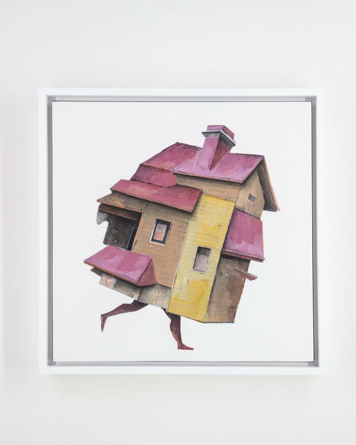 Surreal collage of a walking building with pink roofs and human legs, blending architecture and motion in an artistic display.