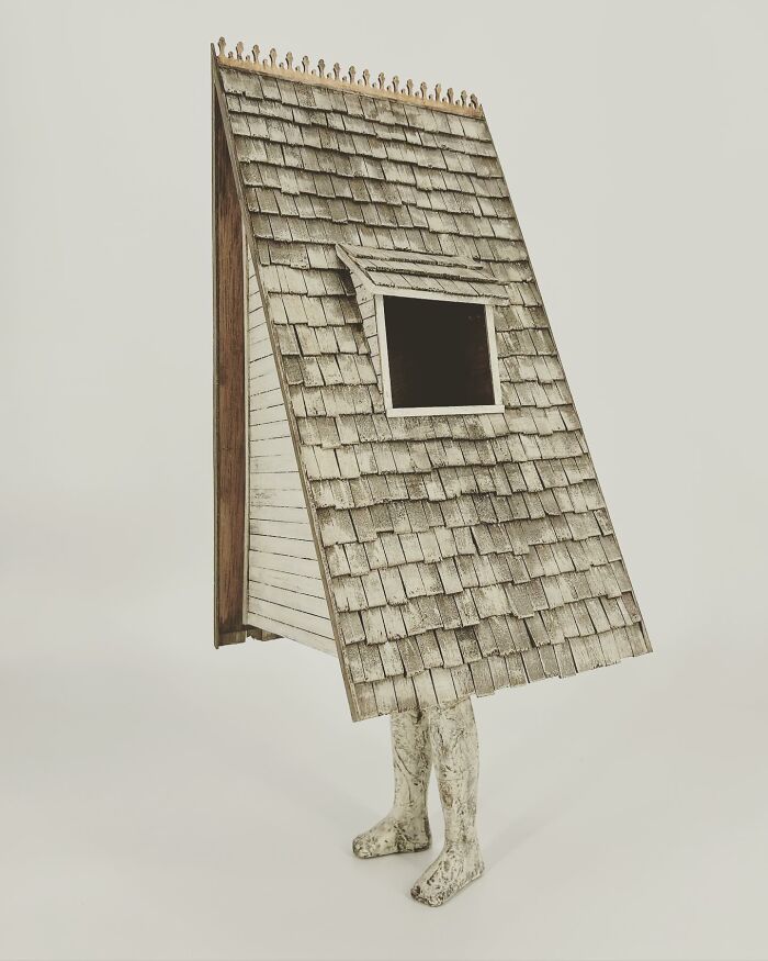 A surreal collage of a walking building with legs and a shingled roof, blending architecture and human elements.