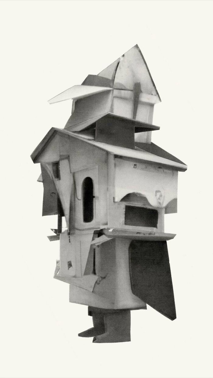 Surreal collage of a building with walking and collapsing architectural features in a monochrome abstract style.