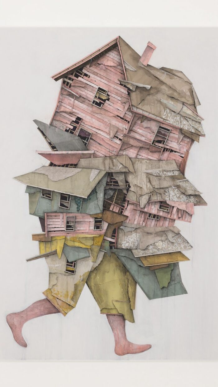 Surreal collage of walking buildings with collapsing structures and worn textures creating a dynamic architectural figure.