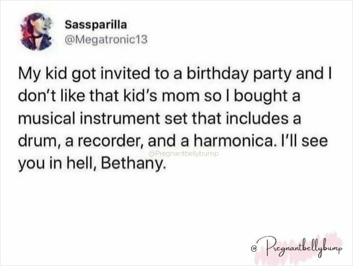 Parenting meme about dealing with chaos and challenges, featuring a sarcastic gift choice for a kid's birthday party.