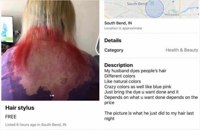 Woman with unevenly dyed hair in red and blonde, showing a hilariously tragic hair accident from a hair stylist.