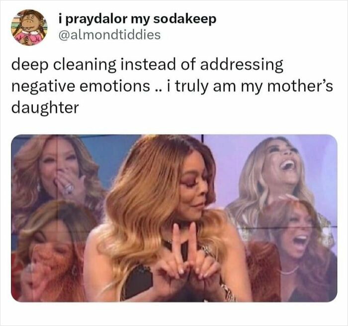 Funny and relatable meme about avoiding emotions with deep cleaning, shared by memes to discuss in therapy page.