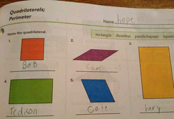 Math worksheet showing unhinged pics of people naming quadrilaterals with incorrect answers as requested.