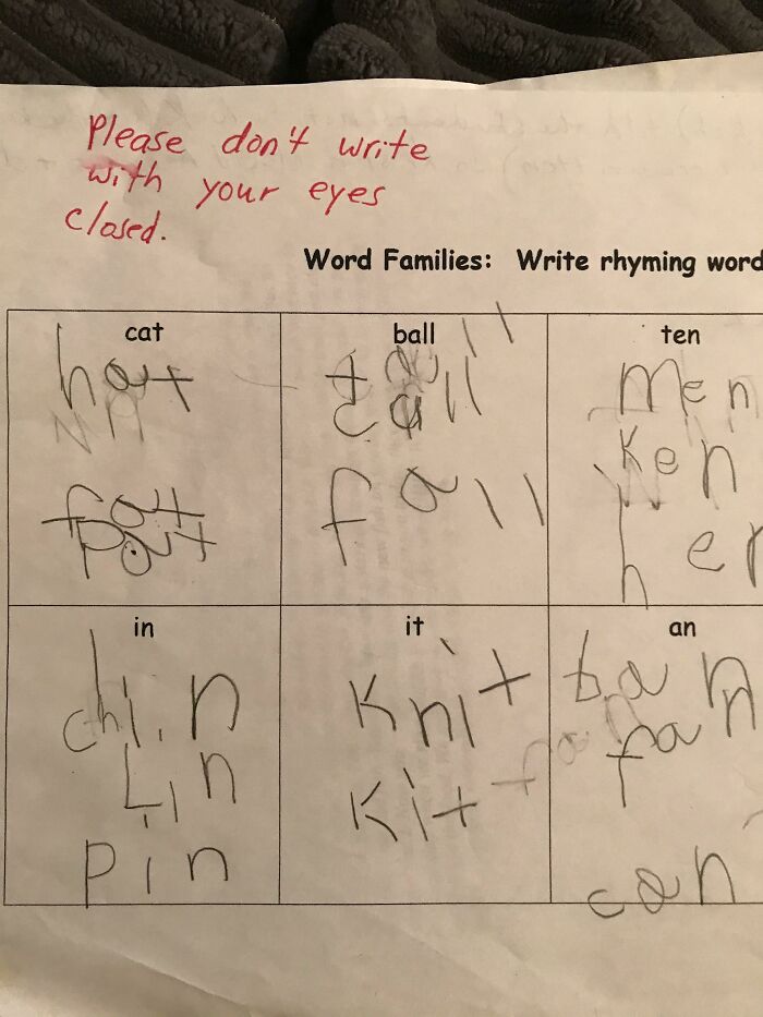 Child's school worksheet with handwriting showing unhinged pics of people doing exactly what they were asked to do.