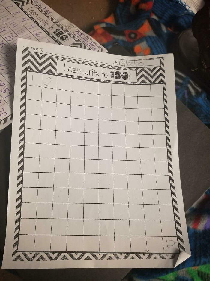 Worksheet titled I can write to 120 with only the numbers 1 and 2 written in the grid, unhinged pics of people doing exactly what they were asked to do