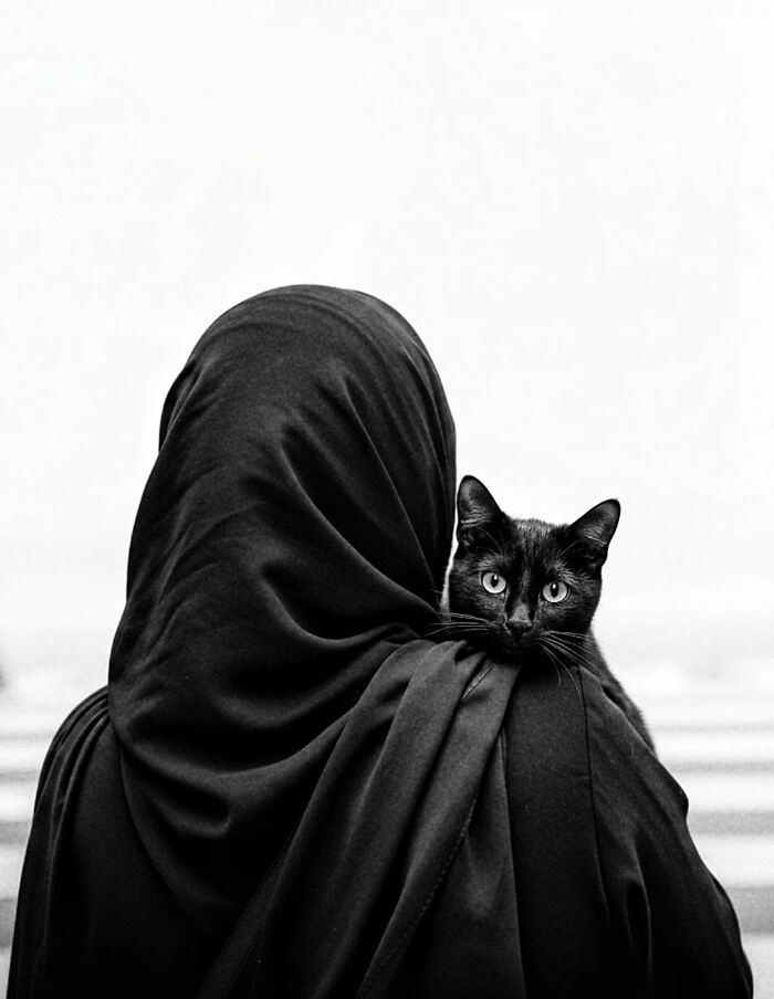 Black cat with bright eyes resting on the shoulder of a person dressed in dark clothing in a street setting.