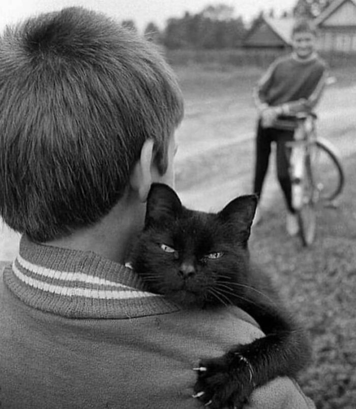 Black cat resting on a boy’s shoulder in a street setting with another child on a bicycle in the background.