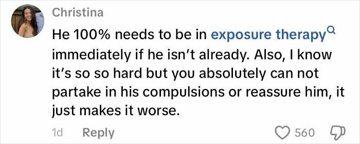 Screenshot of a social media comment discussing exposure therapy and challenges of living with a boyfriend with OCD.