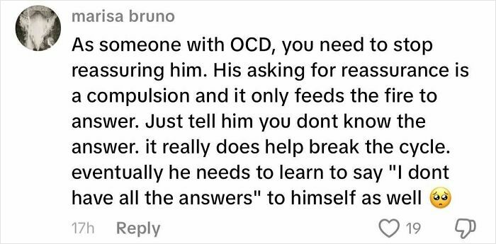 Comment from woman sharing advice about living with a boyfriend with OCD, discussing compulsions and reassurance cycles.