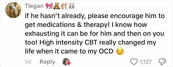 Screenshot of a social media comment discussing therapy and CBT for managing OCD in a boyfriend, highlighting challenges in relationships.