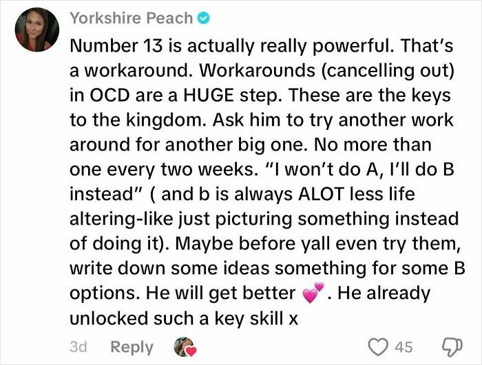 Screenshot of a social media comment discussing workarounds and strategies for managing OCD in a boyfriend.