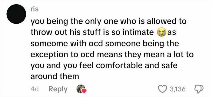 Screenshot of a social media comment about life with a boyfriend with OCD, expressing the intimacy and trust involved.