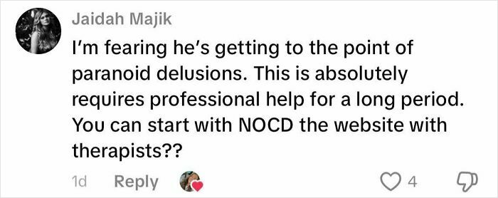 Screenshot of a social media comment discussing the need for professional help for someone showing paranoid delusions related to OCD.