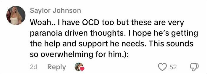 Comment from a woman sharing her perspective on life with a boyfriend who has OCD, expressing concern and empathy.
