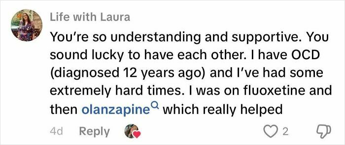 Comment from Life with Laura describing life with OCD, mentioning diagnosis and treatments like fluoxetine and olanzapine.