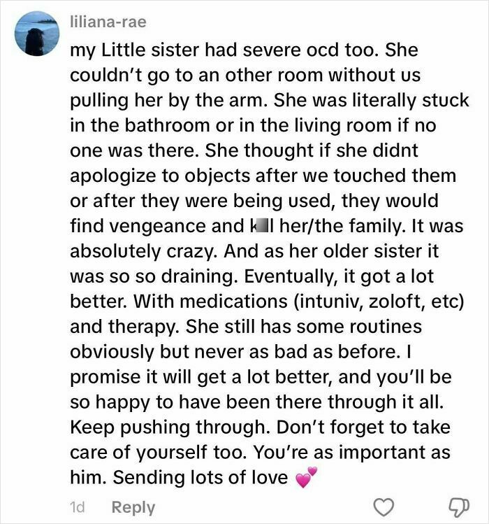 Comment sharing a personal story about living with severe OCD and the challenges faced in daily life with a boyfriend having OCD.