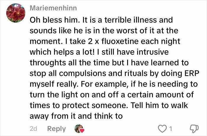 Comment discussing the challenges of life with a boyfriend with OCD and coping strategies including medication and ERP therapy.