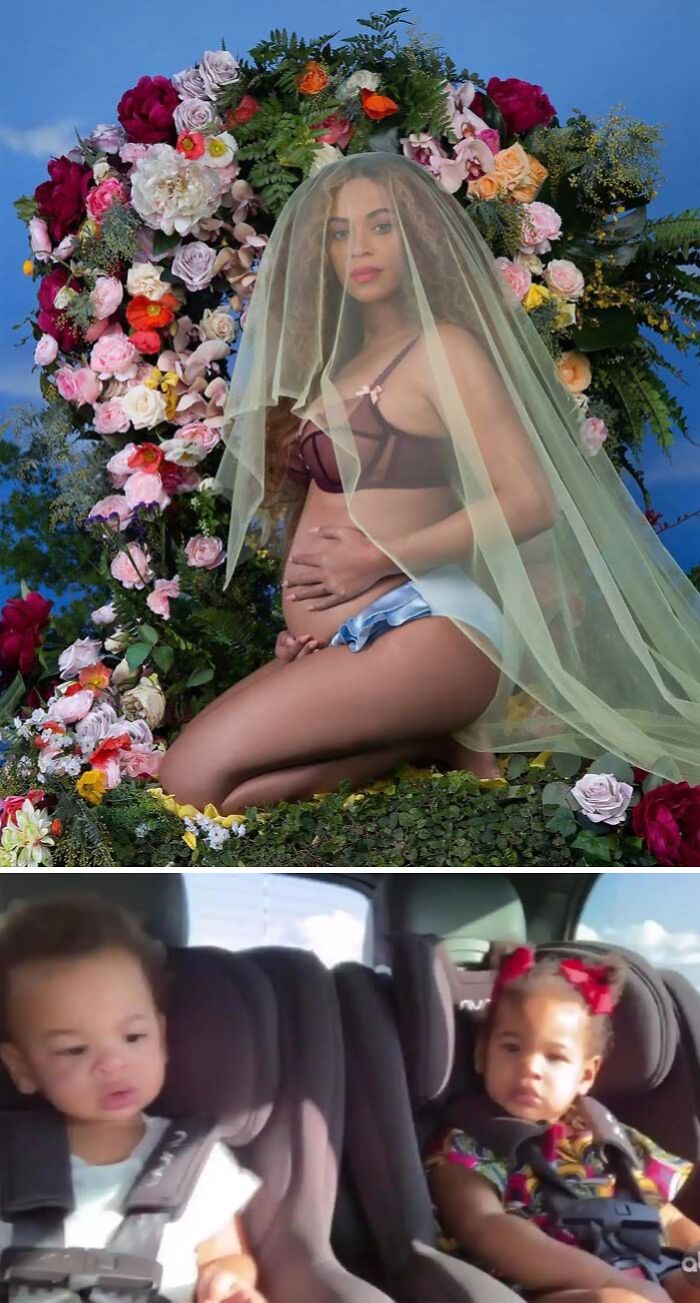 Pregnant celebrity posing with floral backdrop and toddler twins seated in car seats, showcasing celebrity twins.