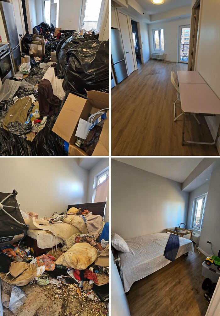Before and after cleaning photos showing a messy cluttered apartment transformed into neat and tidy living spaces.