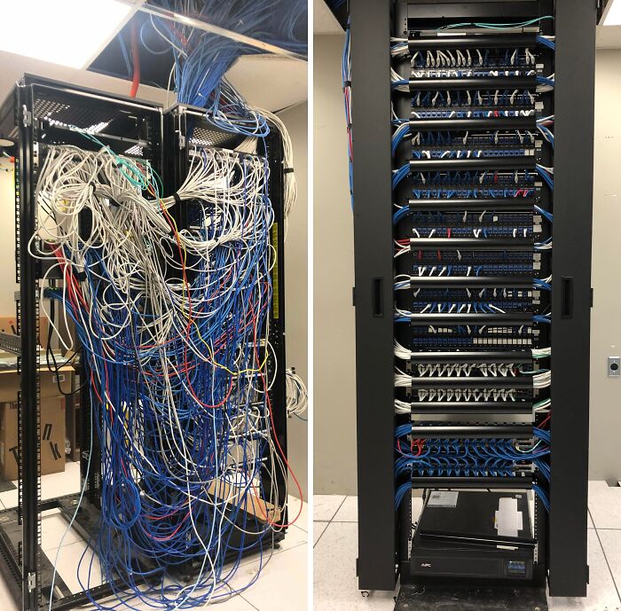 Before and after cleaning photos showing messy and neatly organized network cables in a server rack for satisfying cable management.