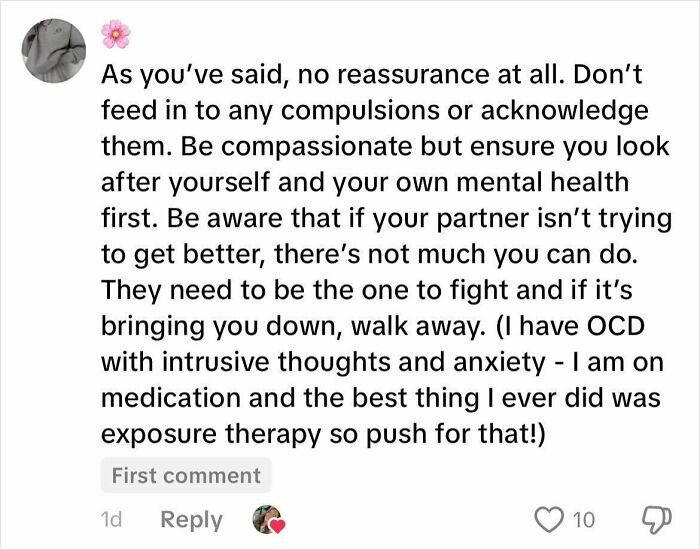 Comment explaining the challenges of life with a boyfriend with OCD and advice on mental health and therapy.