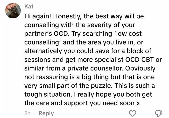 Comment advising counselling and support for a partner with OCD, highlighting challenges in relationships with OCD.