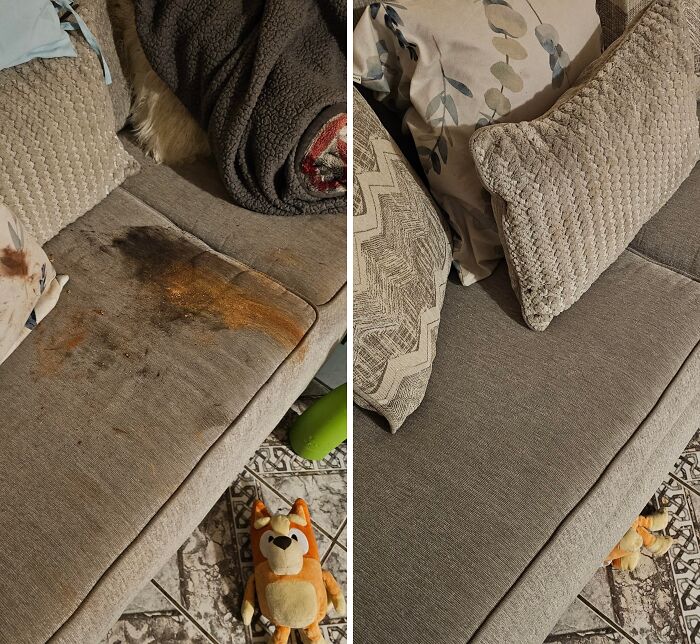 Before and after cleaning photos showing a stained sofa transformed into a spotless and fresh-looking seating area.