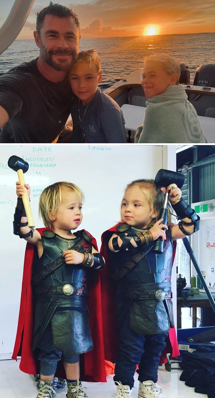Celebrity twins enjoying a sunset boat ride and dressed as Thor characters in matching costumes and hammers.