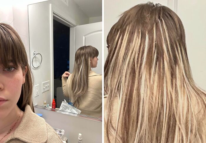 Woman with long hair showing a hilariously tragic hair accident with uneven, streaky highlights in a bathroom mirror reflection.