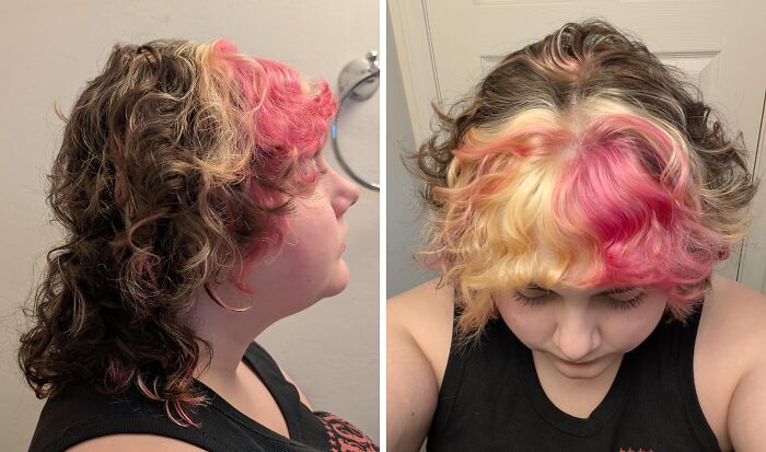 Person with short, curly hair dyed in a patchy mix of pink, blonde, and brown showing a hilariously tragic hair accident.