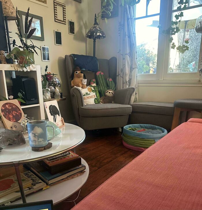 Cozy living room with a cat perfectly camouflaged on the armchair, blending with cushions and decor.