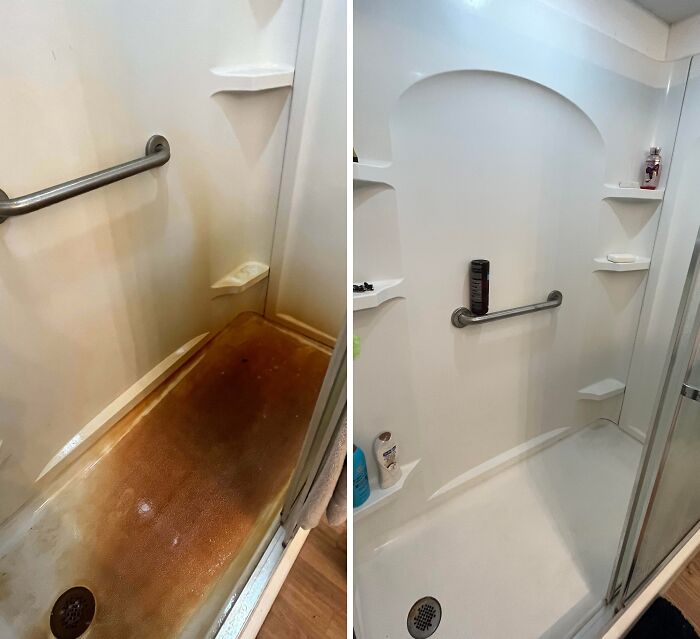 Before and after cleaning photos showing a deep clean transformation of a shower stall with grime removed.