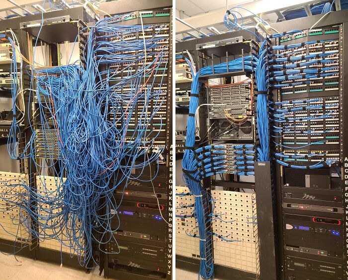 Before and after cleaning photos showing a tangled network cable mess transformed into neatly organized server wiring.