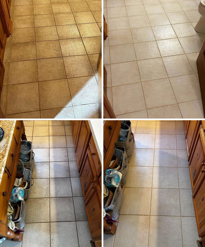 Before and after cleaning photos showing dramatic transformation of dirty and stained kitchen tile floors into spotless surfaces.