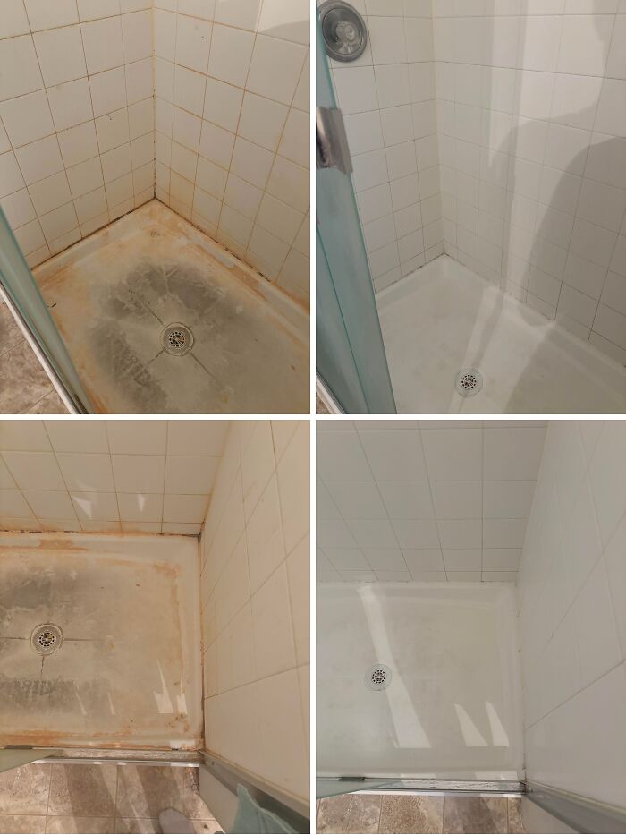 Before and after cleaning photos showing a shower floor transformation from dirty and stained to clean and spotless.