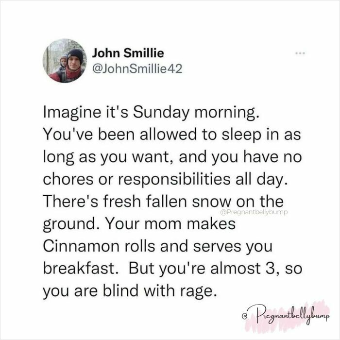 Parenting meme about sleep, chaos, and love showing a toddler’s rage despite a calm Sunday morning breakfast.