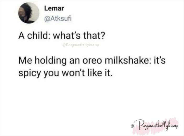 Parenting meme showing a child asking about a milkshake and a parent jokingly calling it spicy and unappealing.
