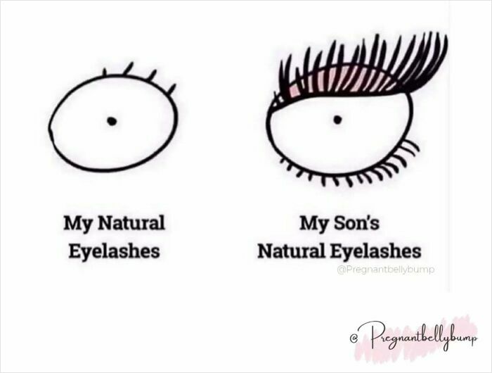 Simple cartoon comparing sparse natural eyelashes with a child's much longer natural eyelashes parenting memes humor.