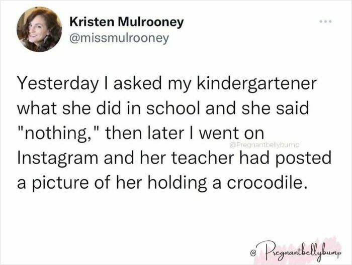 Parenting meme about a kindergartener saying she did nothing at school, but teacher posted a picture holding a crocodile.
