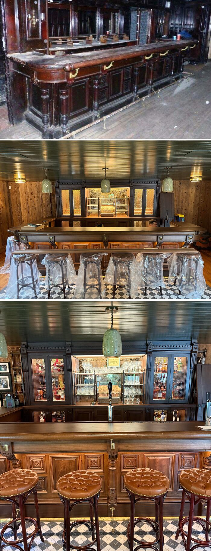 Before and after restoration pictures of a landlord special wooden bar showing its original glory and detailed craftsmanship.