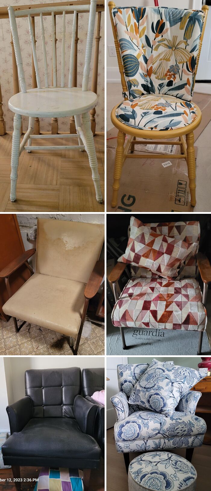 Before and after photos of furniture restoration showing chairs transformed with new paint, fabric, and upholstery updates.