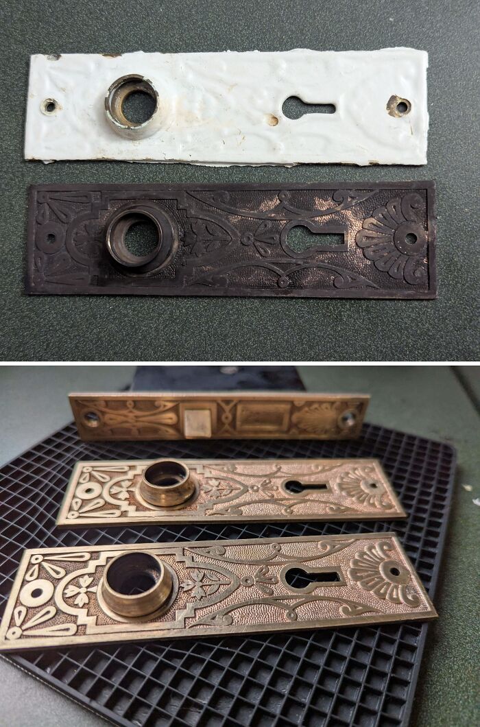 Before-and-after restoration of ornate vintage door plates showing the transformation from worn paint to polished original metal finish.