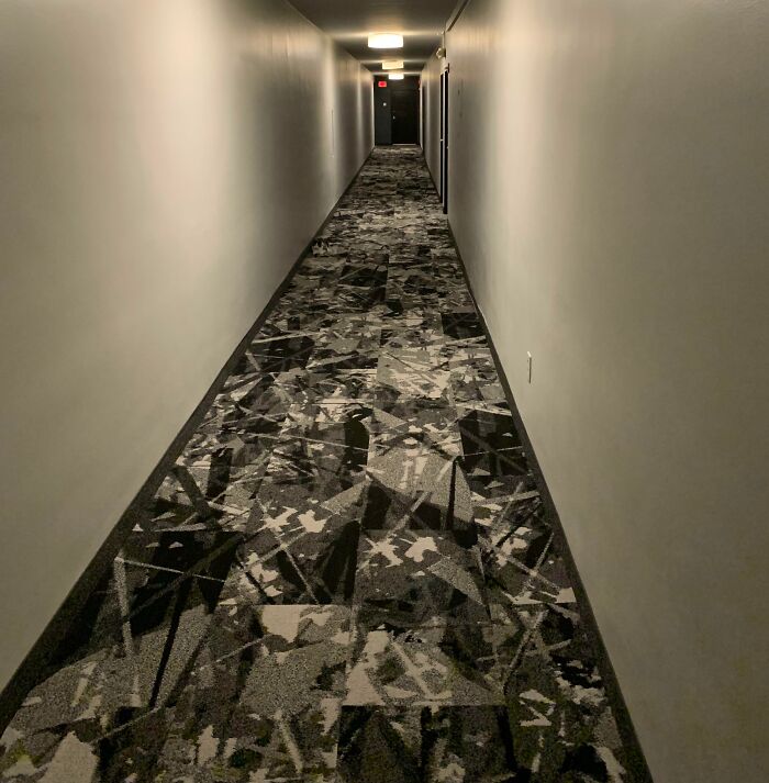Hallway with patterned carpet where a cat blends in perfectly as part of camouflaged cats not easy to spot.