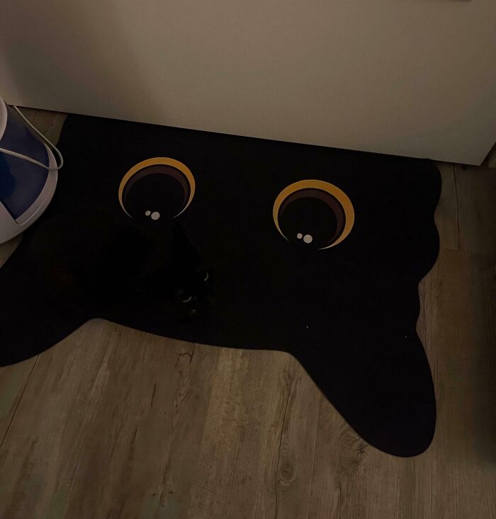 Black cat perfectly camouflaged on a black mat with cartoon eyes, blending into dark surroundings, hard to spot.