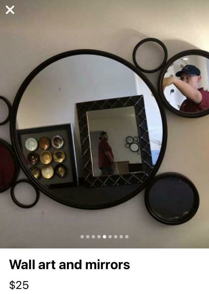 Decorative wall mirrors with unique circular design reflecting room and person wearing a hat, highlighting mirror reflection humor.